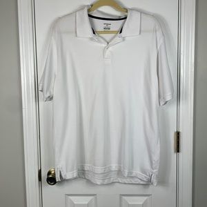 White short sleeved men’s polo shirt size large. 60/40 blend.